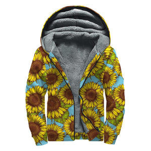 Blue Vintage Sunflower Pattern Print Sherpa Lined Zip Up Hoodie