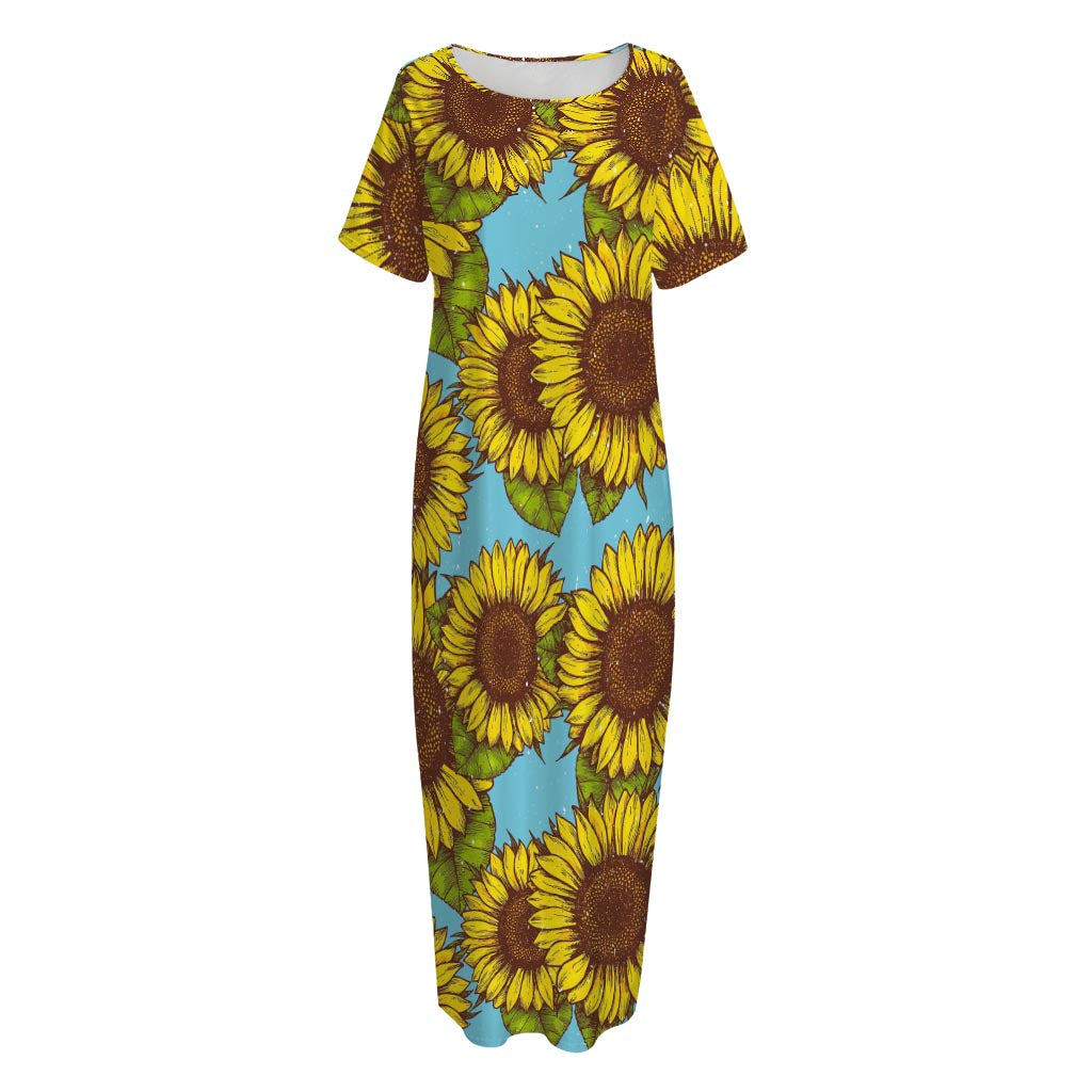 Blue Vintage Sunflower Pattern Print Short Sleeve Long Nightdress
