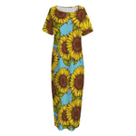 Blue Vintage Sunflower Pattern Print Short Sleeve Long Nightdress