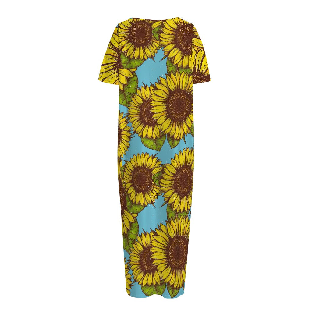 Blue Vintage Sunflower Pattern Print Short Sleeve Long Nightdress