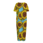 Blue Vintage Sunflower Pattern Print Short Sleeve Long Nightdress
