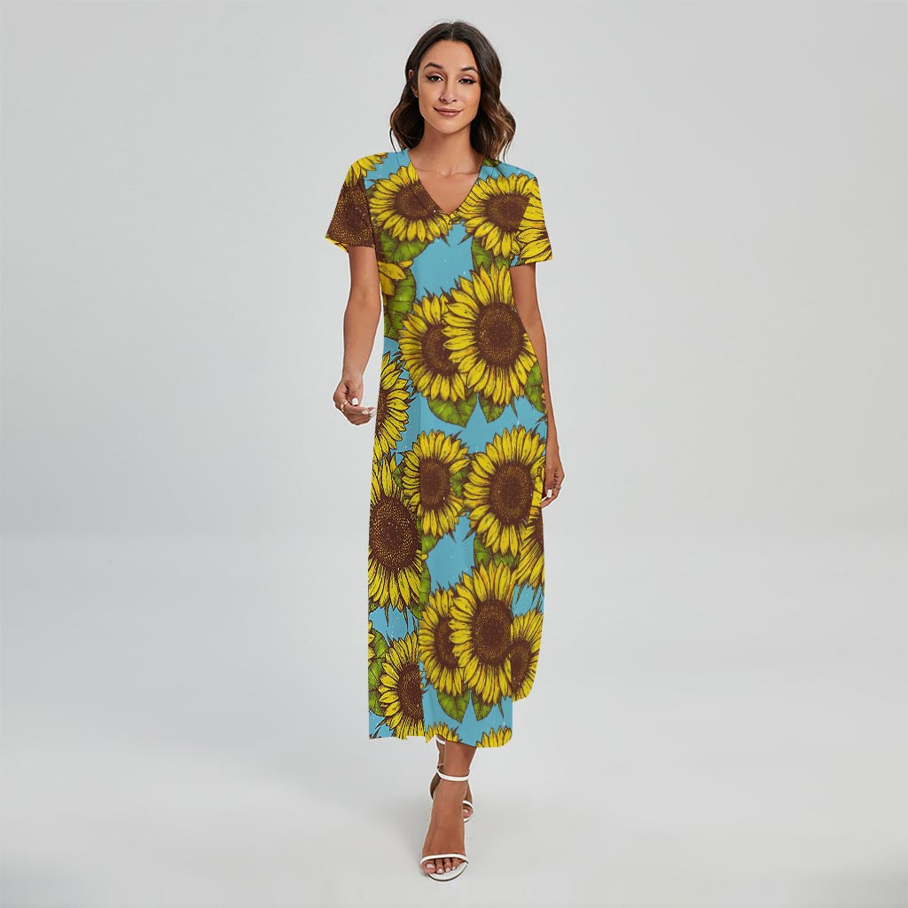 Blue Vintage Sunflower Pattern Print Short Sleeve Maxi Dress
