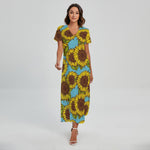 Blue Vintage Sunflower Pattern Print Short Sleeve Maxi Dress