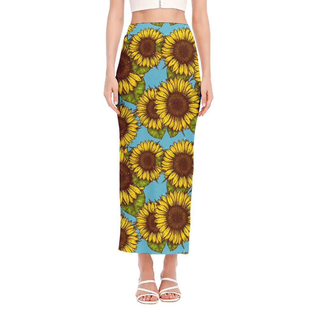 Blue Vintage Sunflower Pattern Print Side Slit Maxi Skirt
