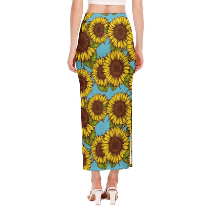 Blue Vintage Sunflower Pattern Print Side Slit Maxi Skirt