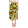 Blue Vintage Sunflower Pattern Print Side Slit Midi Skirt