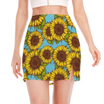 Blue Vintage Sunflower Pattern Print Side Slit Mini Skirt