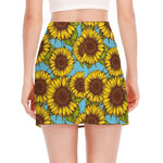 Blue Vintage Sunflower Pattern Print Side Slit Mini Skirt