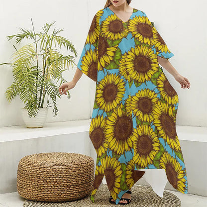 Blue Vintage Sunflower Pattern Print Silk V-Neck Kaftan Dress