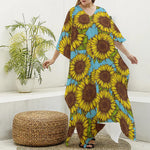 Blue Vintage Sunflower Pattern Print Silk V-Neck Kaftan Dress