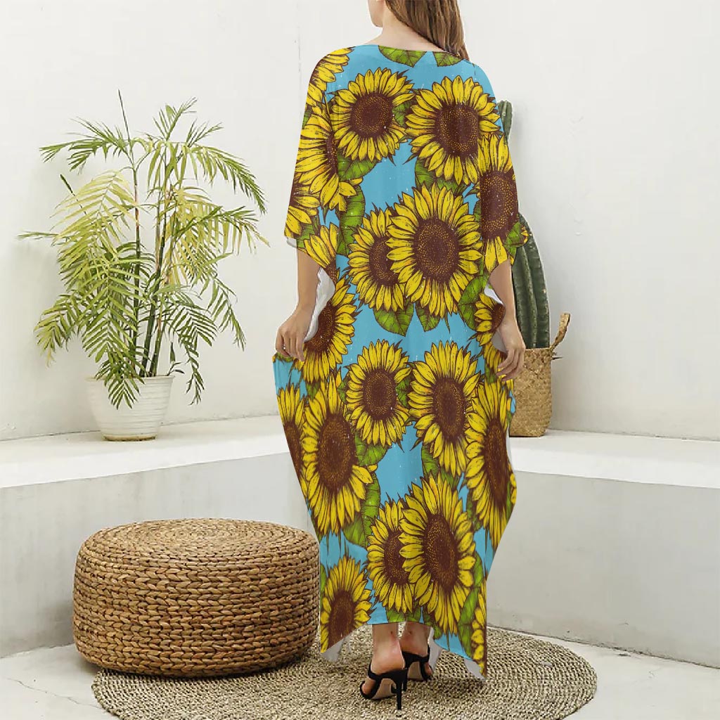 Blue Vintage Sunflower Pattern Print Silk V-Neck Kaftan Dress