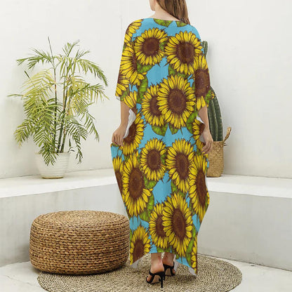 Blue Vintage Sunflower Pattern Print Silk V-Neck Kaftan Dress