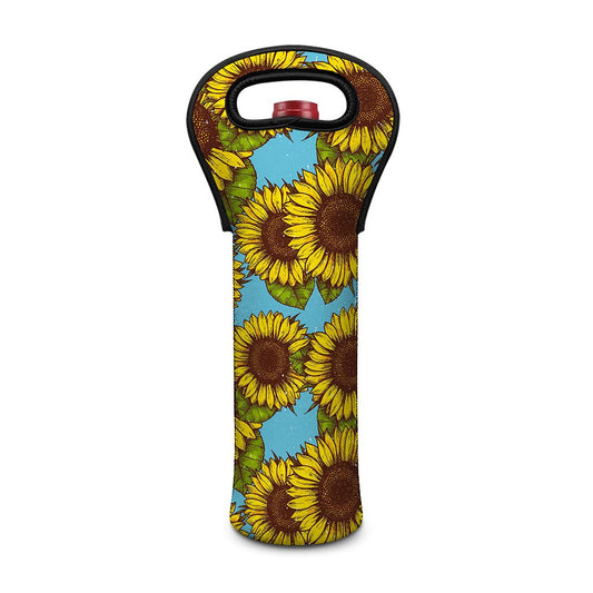 Blue Vintage Sunflower Pattern Print Single Neoprene Wine Tote