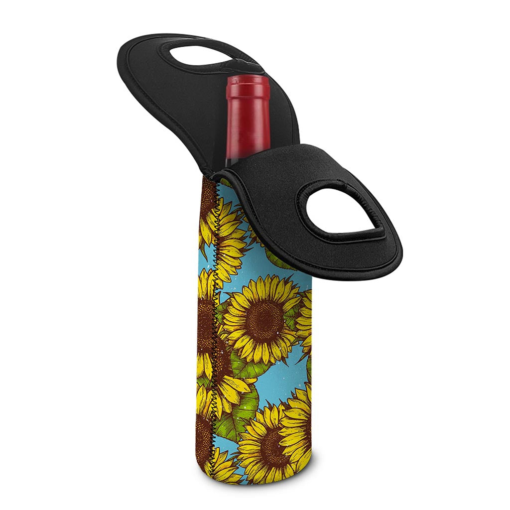Blue Vintage Sunflower Pattern Print Single Neoprene Wine Tote