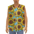 Blue Vintage Sunflower Pattern Print Sleeveless Baseball Jersey