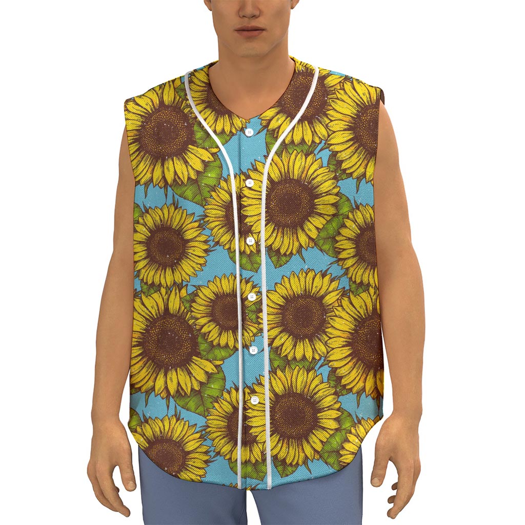 Blue Vintage Sunflower Pattern Print Sleeveless Baseball Jersey