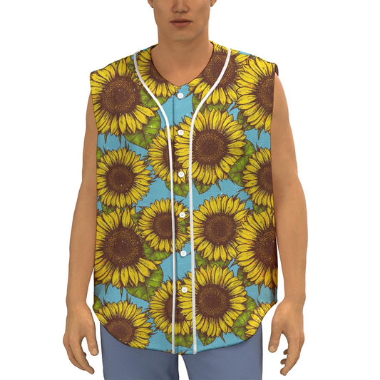Blue Vintage Sunflower Pattern Print Sleeveless Baseball Jersey