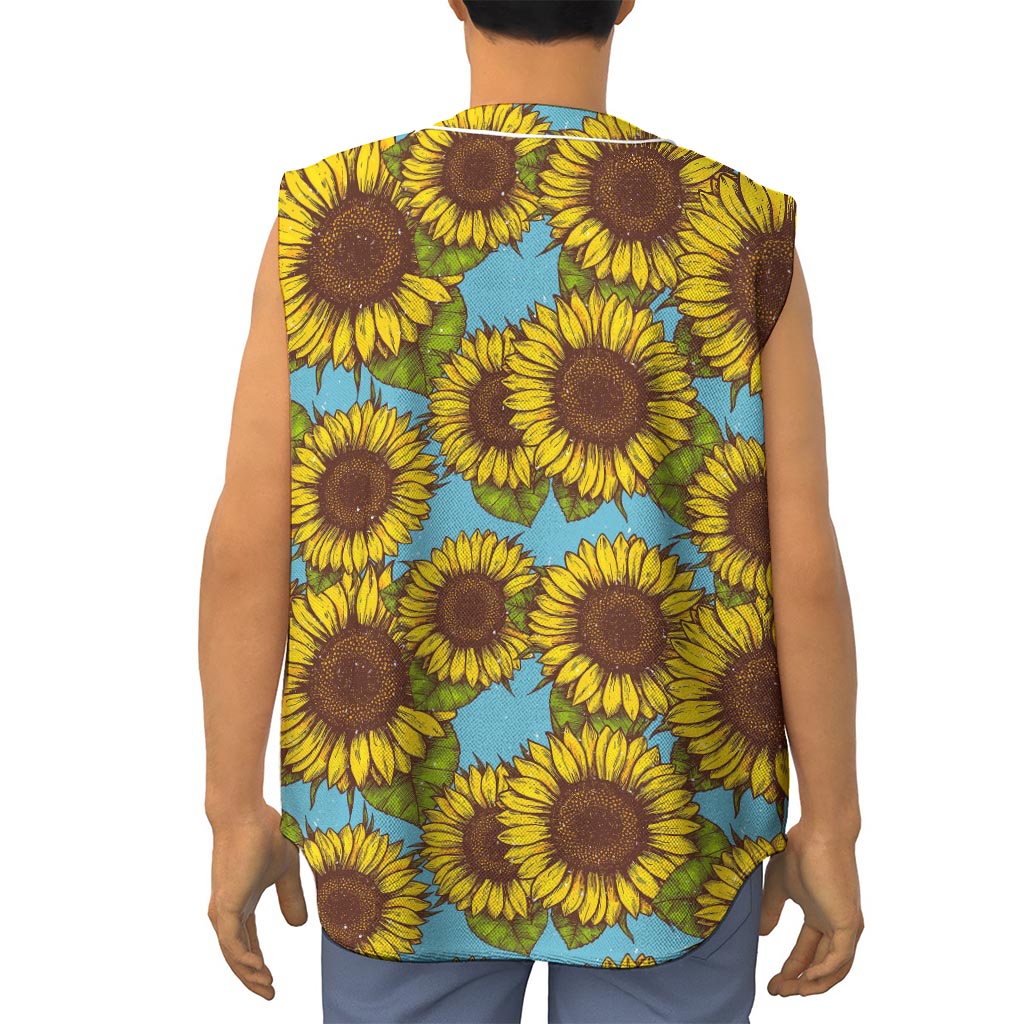 Blue Vintage Sunflower Pattern Print Sleeveless Baseball Jersey