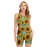 Blue Vintage Sunflower Pattern Print Sleeveless One Piece Swimsuit