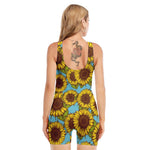 Blue Vintage Sunflower Pattern Print Sleeveless One Piece Swimsuit
