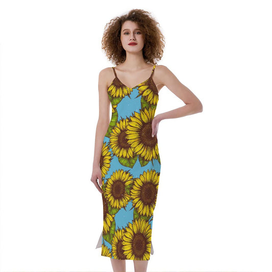 Blue Vintage Sunflower Pattern Print Slim Fit Midi Cami Dress