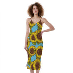 Blue Vintage Sunflower Pattern Print Slim Fit Midi Cami Dress