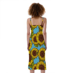 Blue Vintage Sunflower Pattern Print Slim Fit Midi Cami Dress