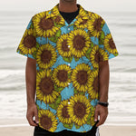 Blue Vintage Sunflower Pattern Print Textured Short Sleeve Shirt