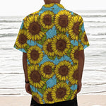 Blue Vintage Sunflower Pattern Print Textured Short Sleeve Shirt