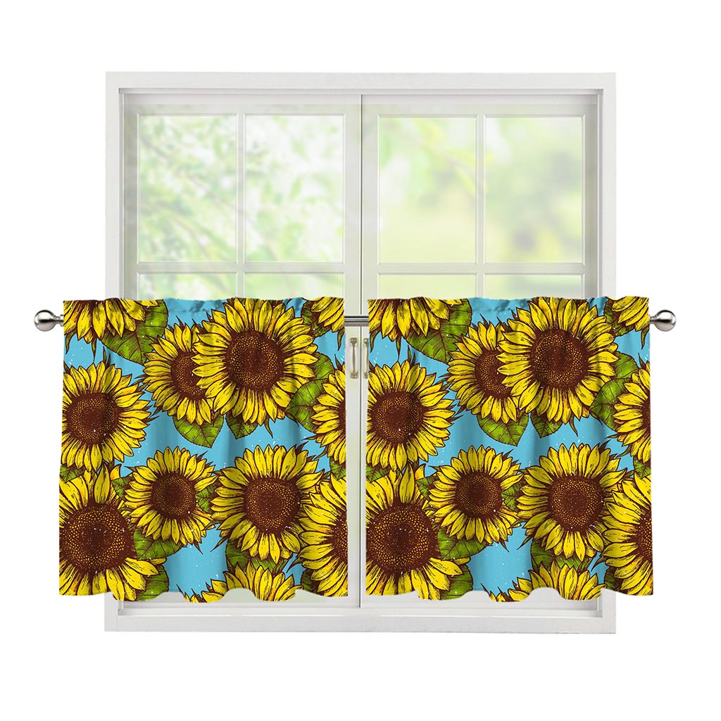 Blue Vintage Sunflower Pattern Print Tier Curtains