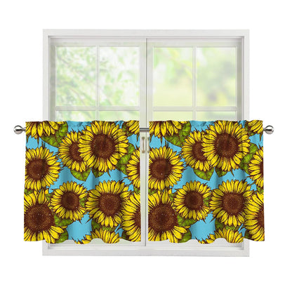 Blue Vintage Sunflower Pattern Print Tier Curtains