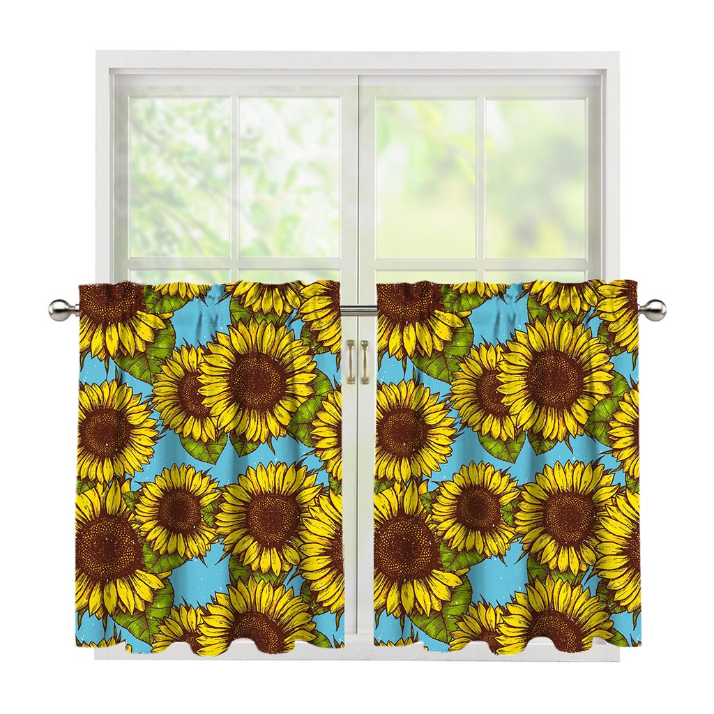 Blue Vintage Sunflower Pattern Print Tier Curtains