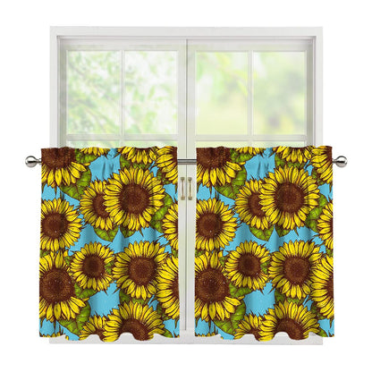 Blue Vintage Sunflower Pattern Print Tier Curtains