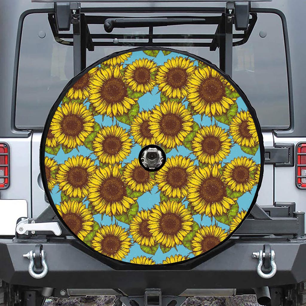 Blue Vintage Sunflower Pattern Print Tire Cover With Camera Hole