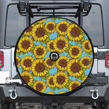Blue Vintage Sunflower Pattern Print Tire Cover With Camera Hole