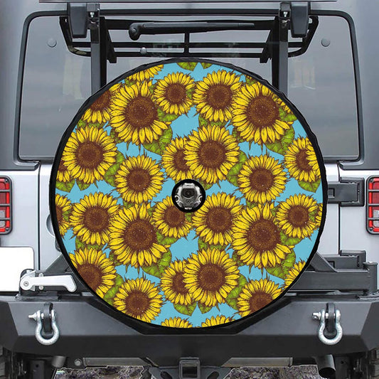 Blue Vintage Sunflower Pattern Print Tire Cover With Camera Hole