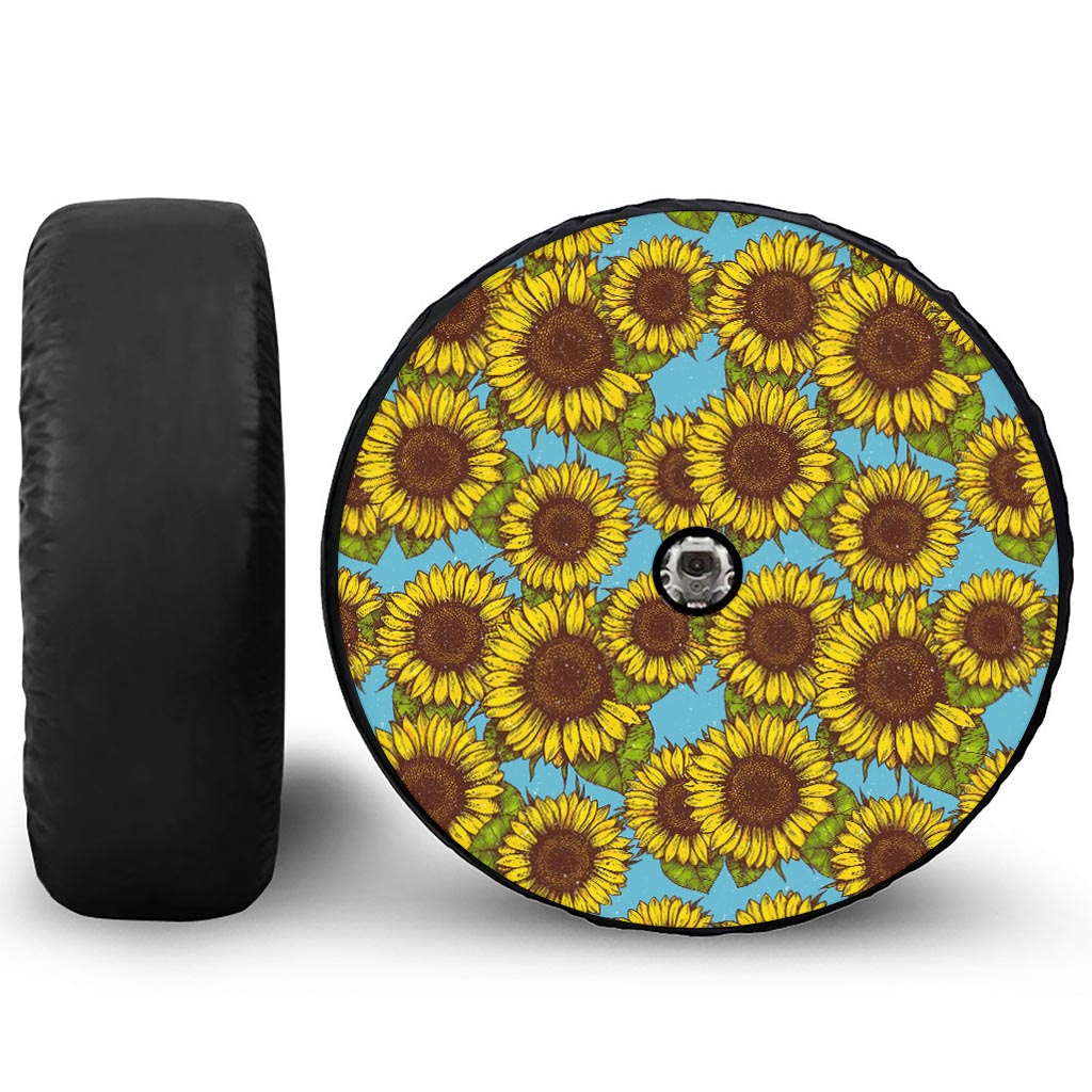Blue Vintage Sunflower Pattern Print Tire Cover With Camera Hole