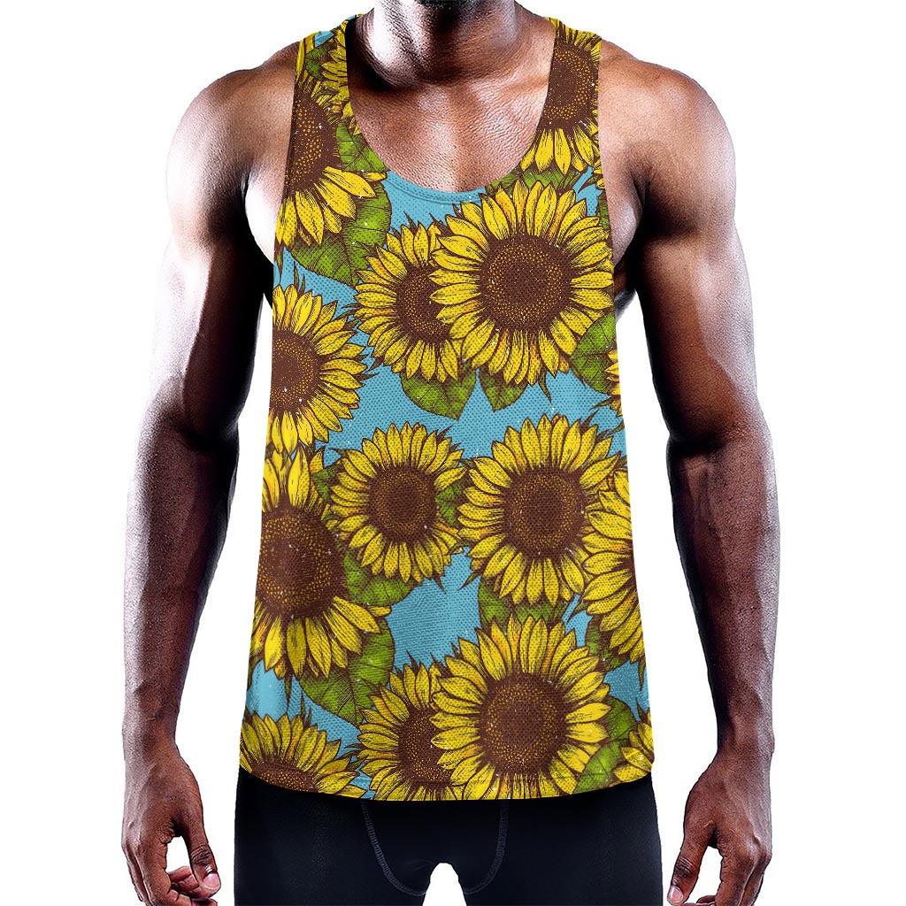 Blue Vintage Sunflower Pattern Print Training Tank Top
