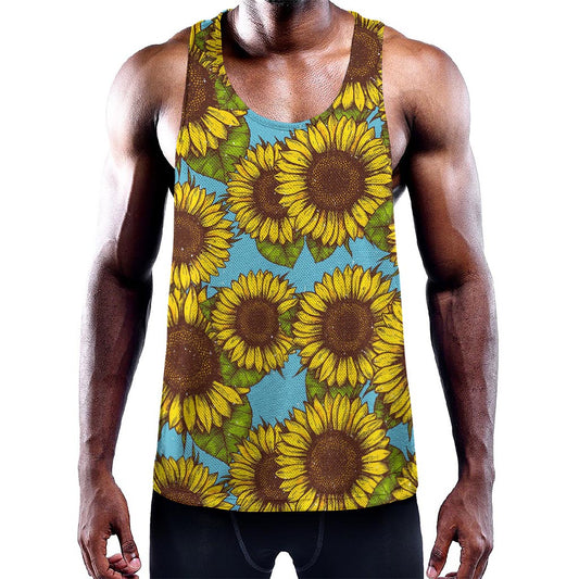 Blue Vintage Sunflower Pattern Print Training Tank Top
