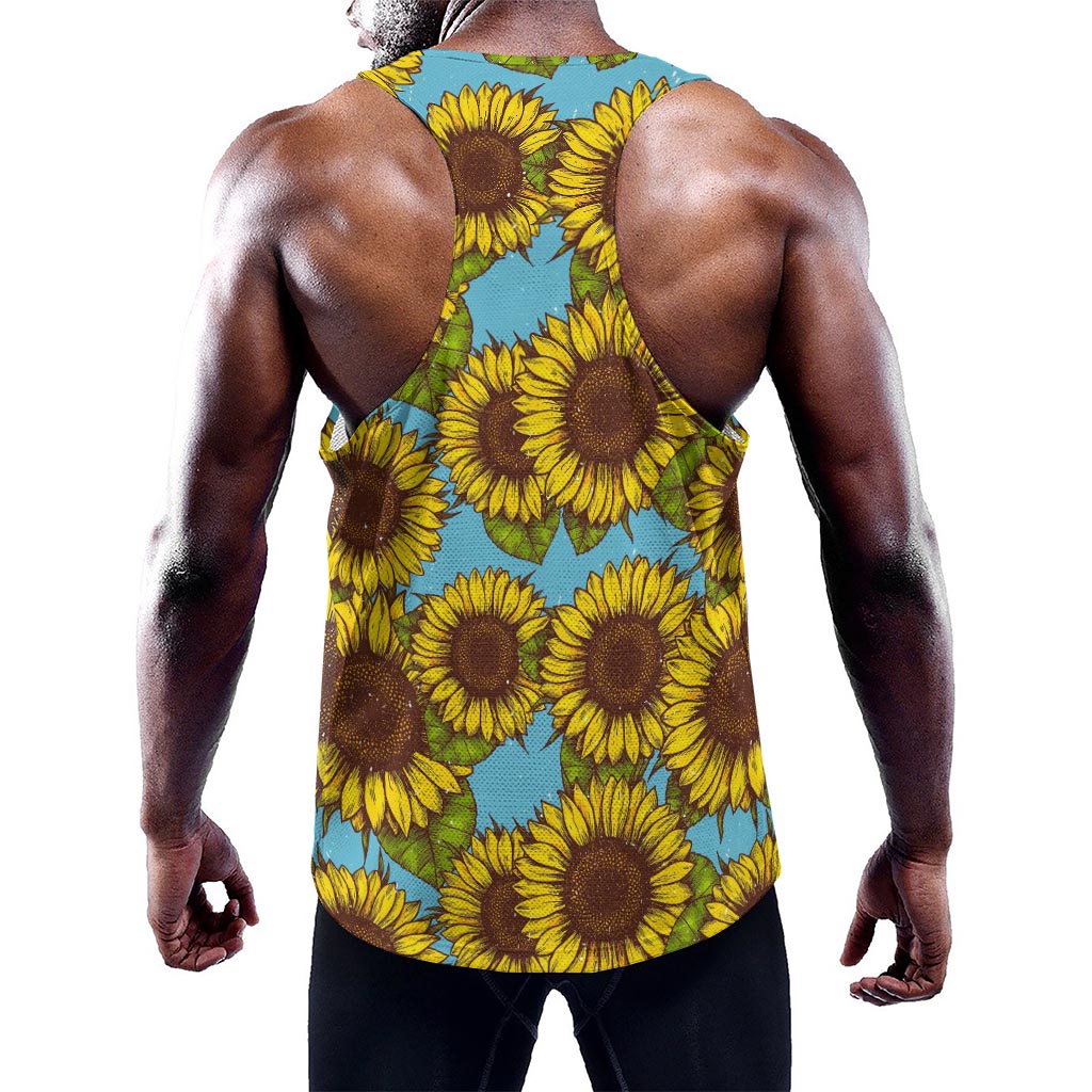 Blue Vintage Sunflower Pattern Print Training Tank Top