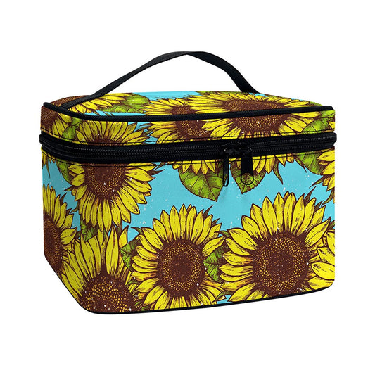 Blue Vintage Sunflower Pattern Print Travel Makeup Bag