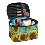 Blue Vintage Sunflower Pattern Print Travel Makeup Bag