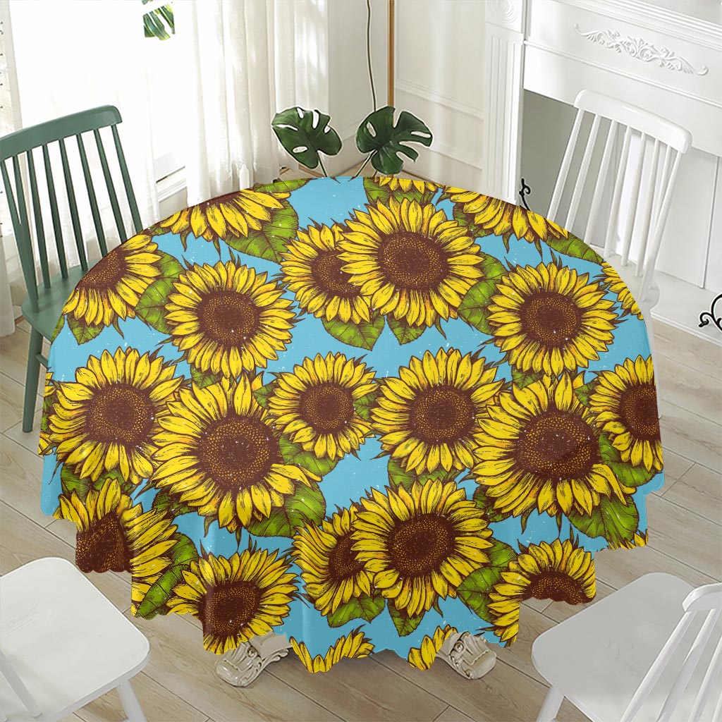 Blue Vintage Sunflower Pattern Print Waterproof Round Tablecloth