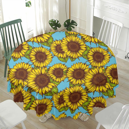 Blue Vintage Sunflower Pattern Print Waterproof Round Tablecloth