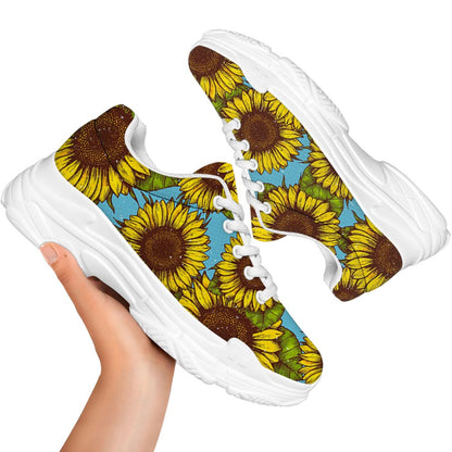 Blue Vintage Sunflower Pattern Print White Chunky Shoes