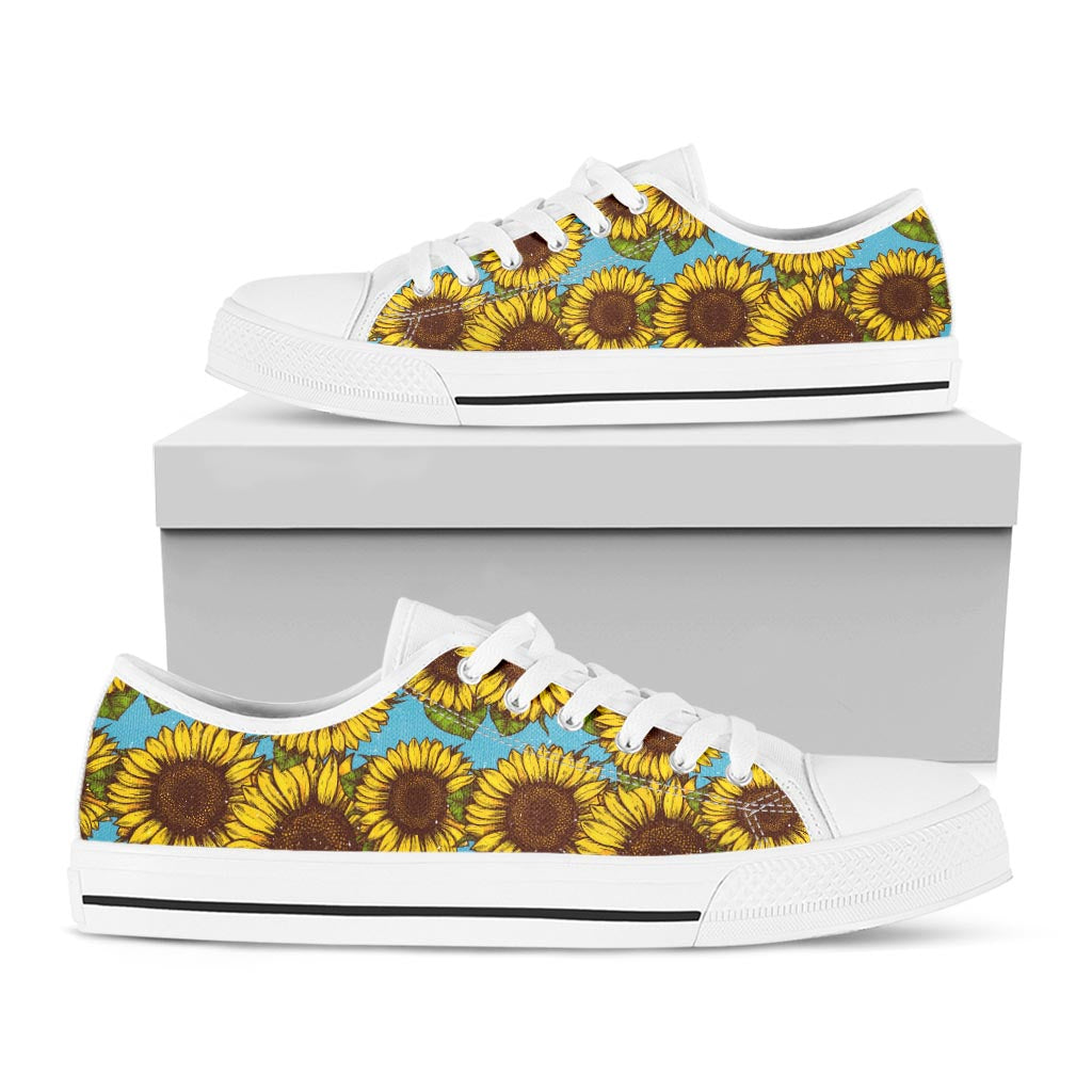 Blue Vintage Sunflower Pattern Print White Low Top Sneakers