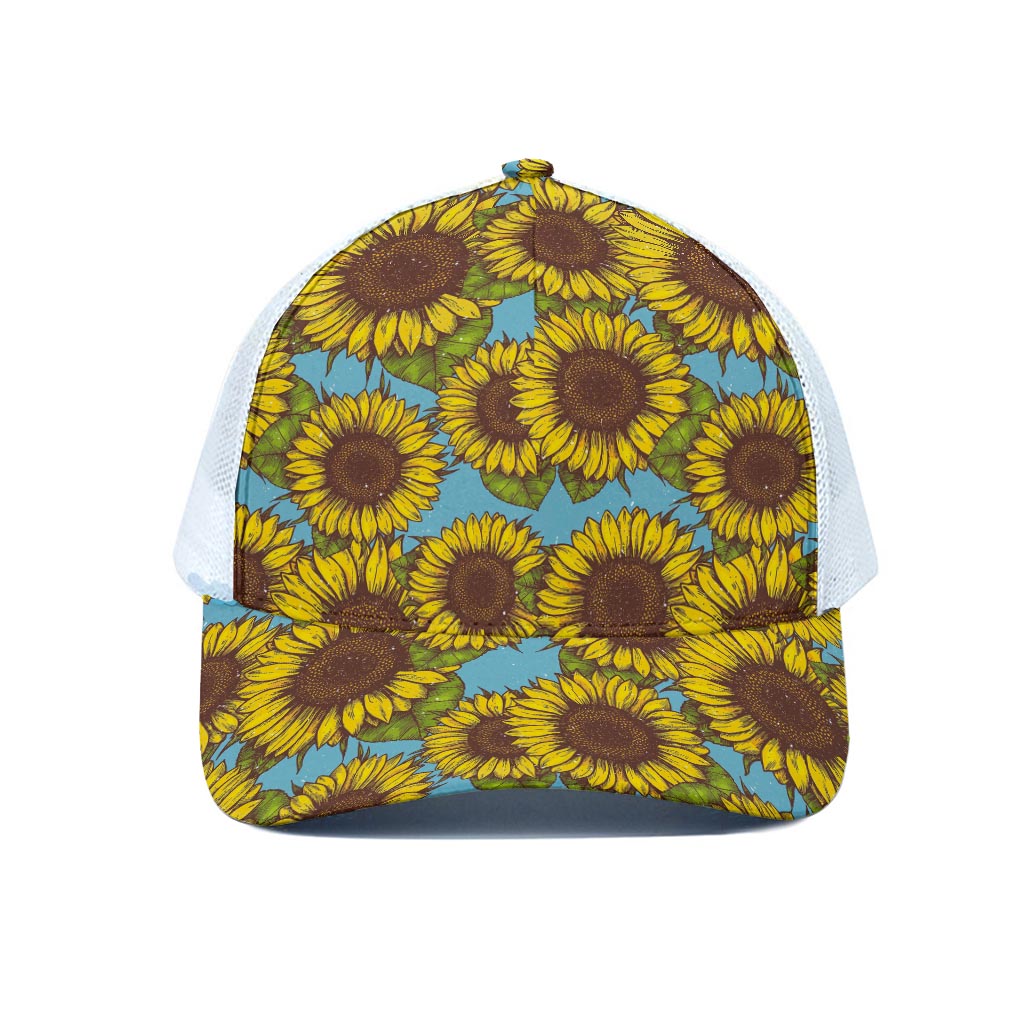 Blue Vintage Sunflower Pattern Print White Mesh Trucker Cap