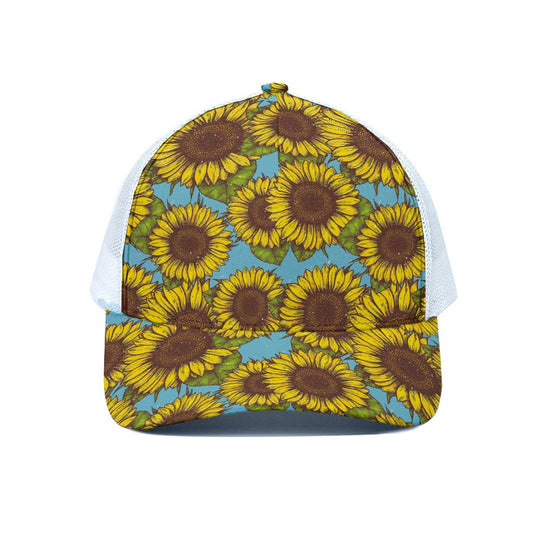 Blue Vintage Sunflower Pattern Print White Mesh Trucker Cap