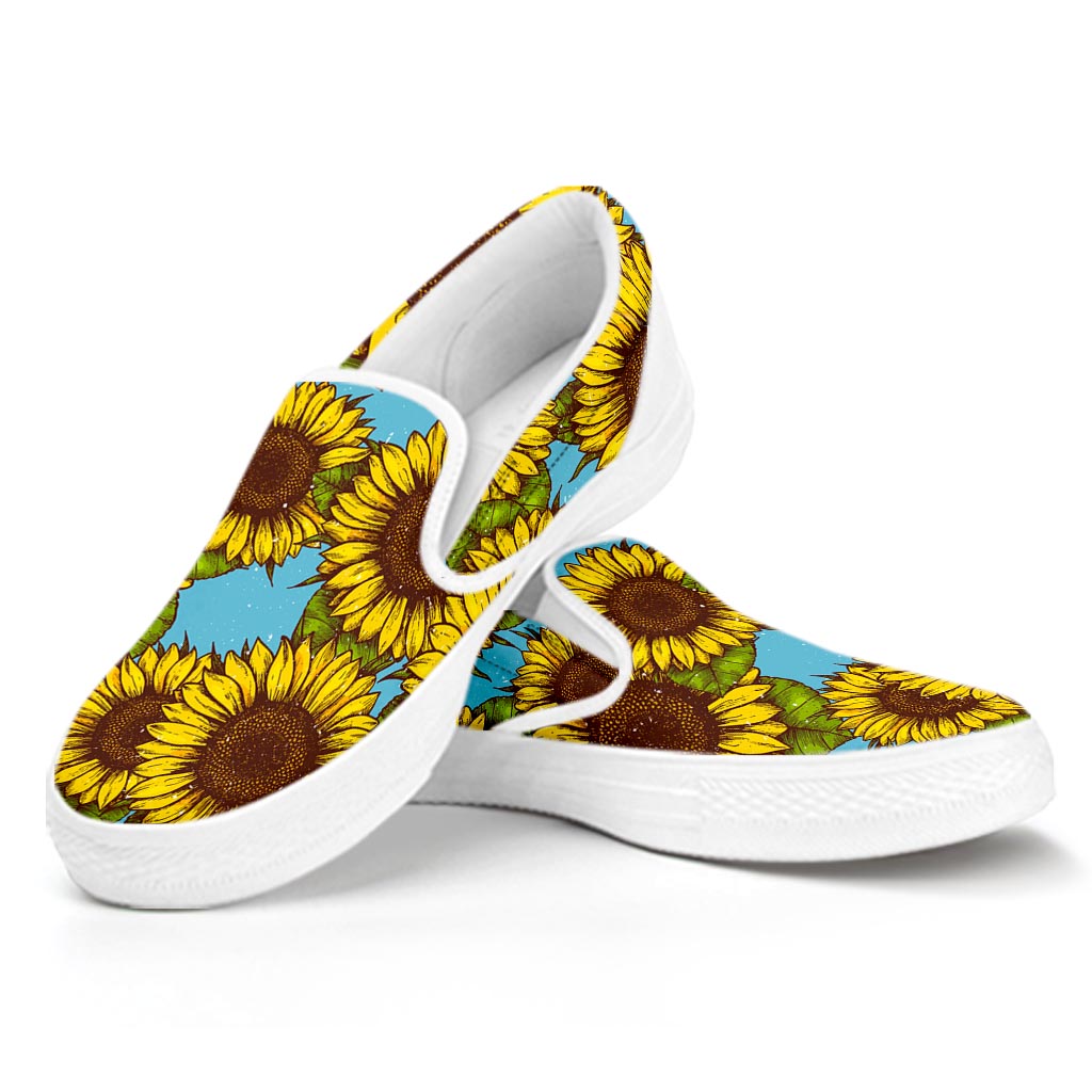 Blue Vintage Sunflower Pattern Print White Slip On Sneakers