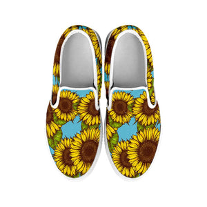 Blue Vintage Sunflower Pattern Print White Slip On Sneakers